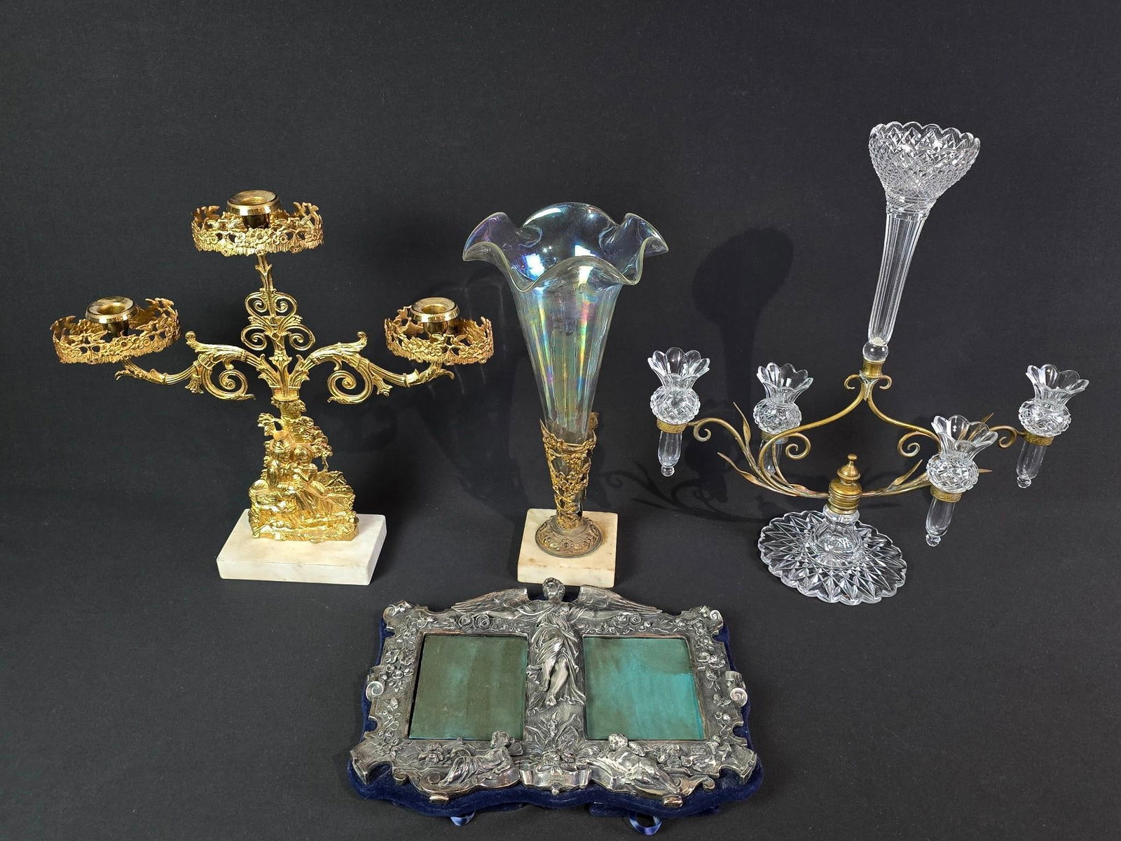 4 Ornated Collectibles incl Epergnes: NOT ELIGIBLE FOR IN-HOUSE SHIPPING. Single flute epergne with losses to bottom of glass. 11" to 18-1/4" high.