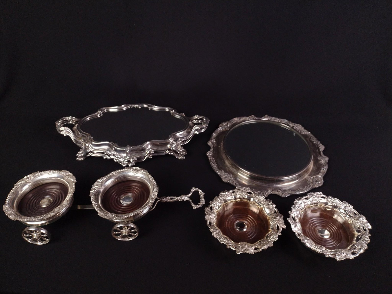 6 Pcs Silverplate Incl Wine Trolley: Also includes serving trays. 7" to 14-1/2" diameter.