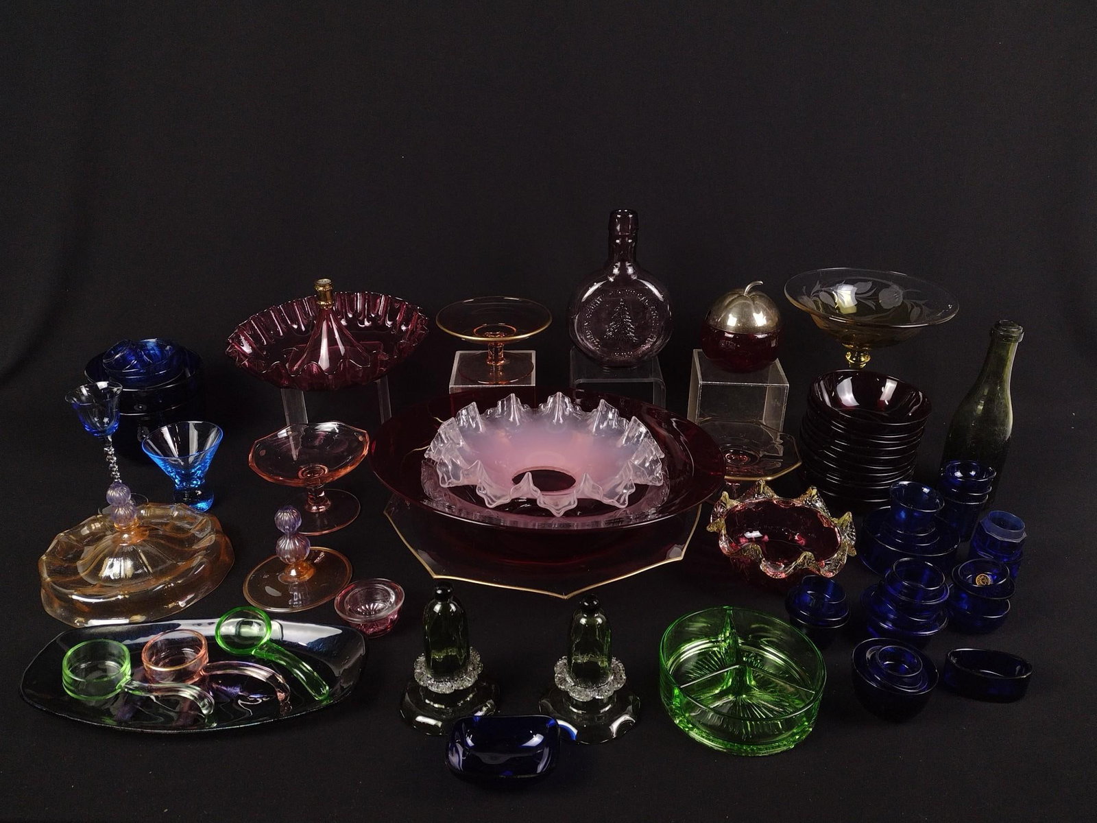 63 Pcs Colored Glass: NOT ELIGIBLE FOR IN-HOUSE SHIPPING. 1" to 8" high.