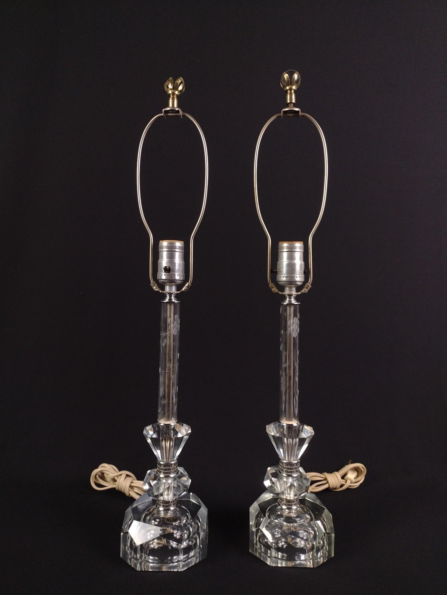 Pair Of Crystal Lamps: NOT ELIGIBLE FOR IN-HOUSE SHIPPING. Each 4-1/4" wide X 4-1/4" deep X 23" high.
