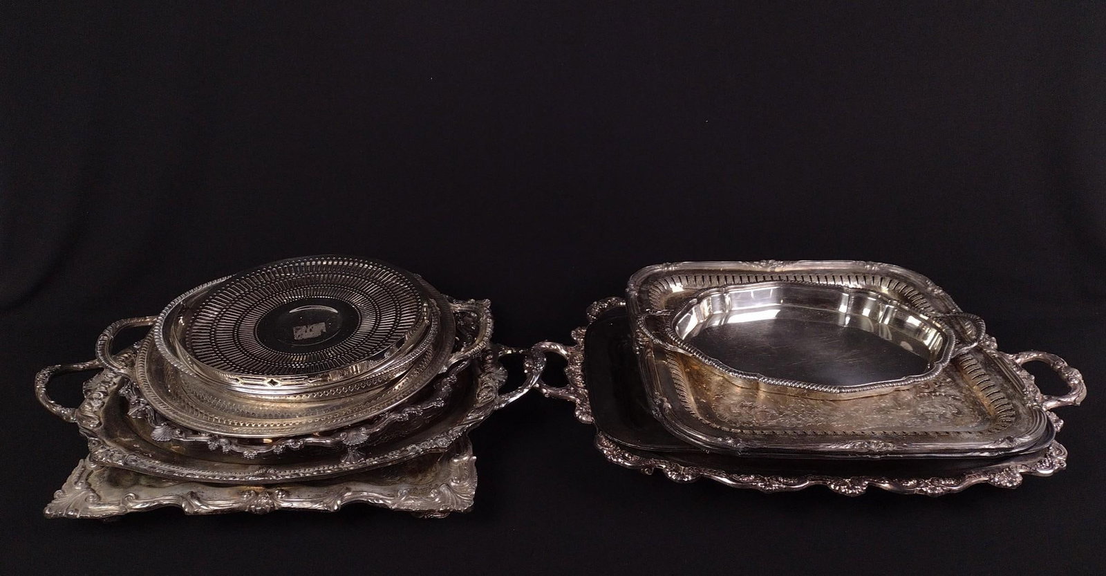 12 Silverplate Serving Trays: NOT ELIGIBLE FOR IN-HOUSE SHIPPING. 11-1/2" to 23-1/2" wide.