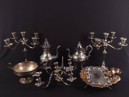 9 Pcs Silverplate Items Incl Candelabras: NOT ELIGIBLE FOR IN-HOUSE SHIPPING. 1/2" to 14-1/2" high.