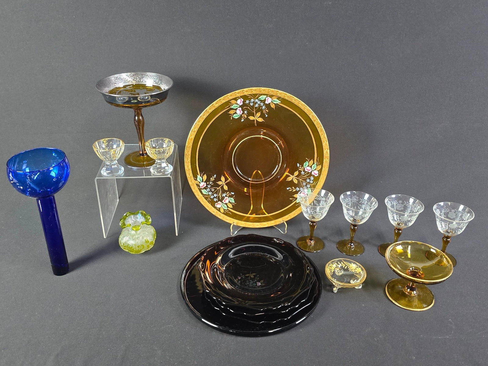 16 Pcs Colored Glasswarevincl Silver Overlay: 1/4" to 10" high.