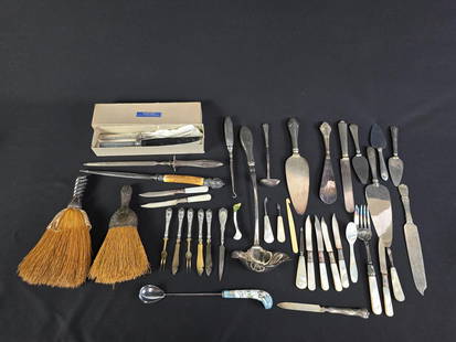Large Grouping Sterling Handled / Cuffed Articles incl Table Brushes: Some with mother of pearl. Sold as is.