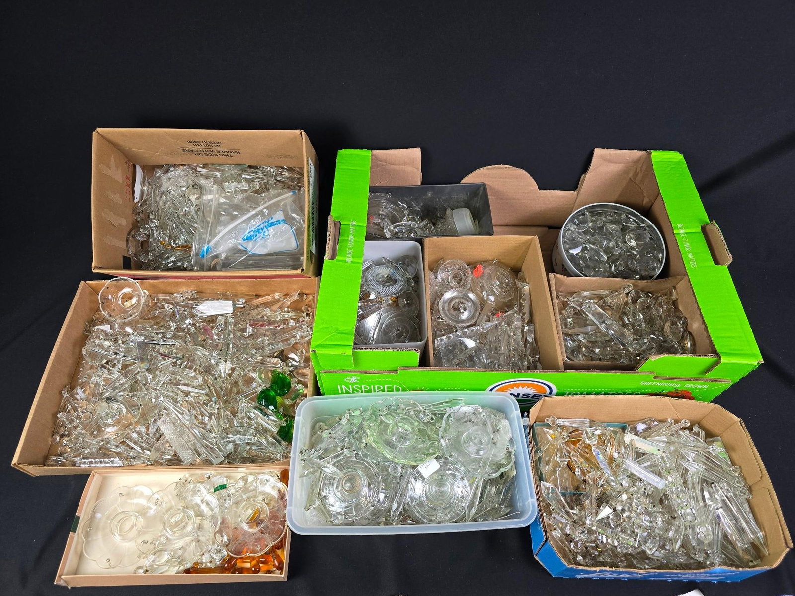 Very Large Grouping Glass Prisms: NOT ELIGIBLE FOR IN-HOUSE SHIPPING. Various styles and sizes. Sold as is. Not individually examined.