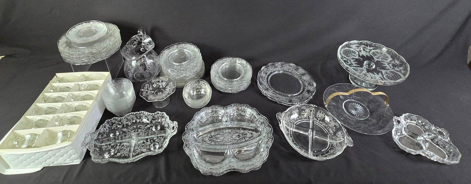 Large Grouping of Etched Glassware incl Serving Dishes: NOT ELIGIBLE FOR IN-HOUSE SHIPPING. 1/2" to 6" high.