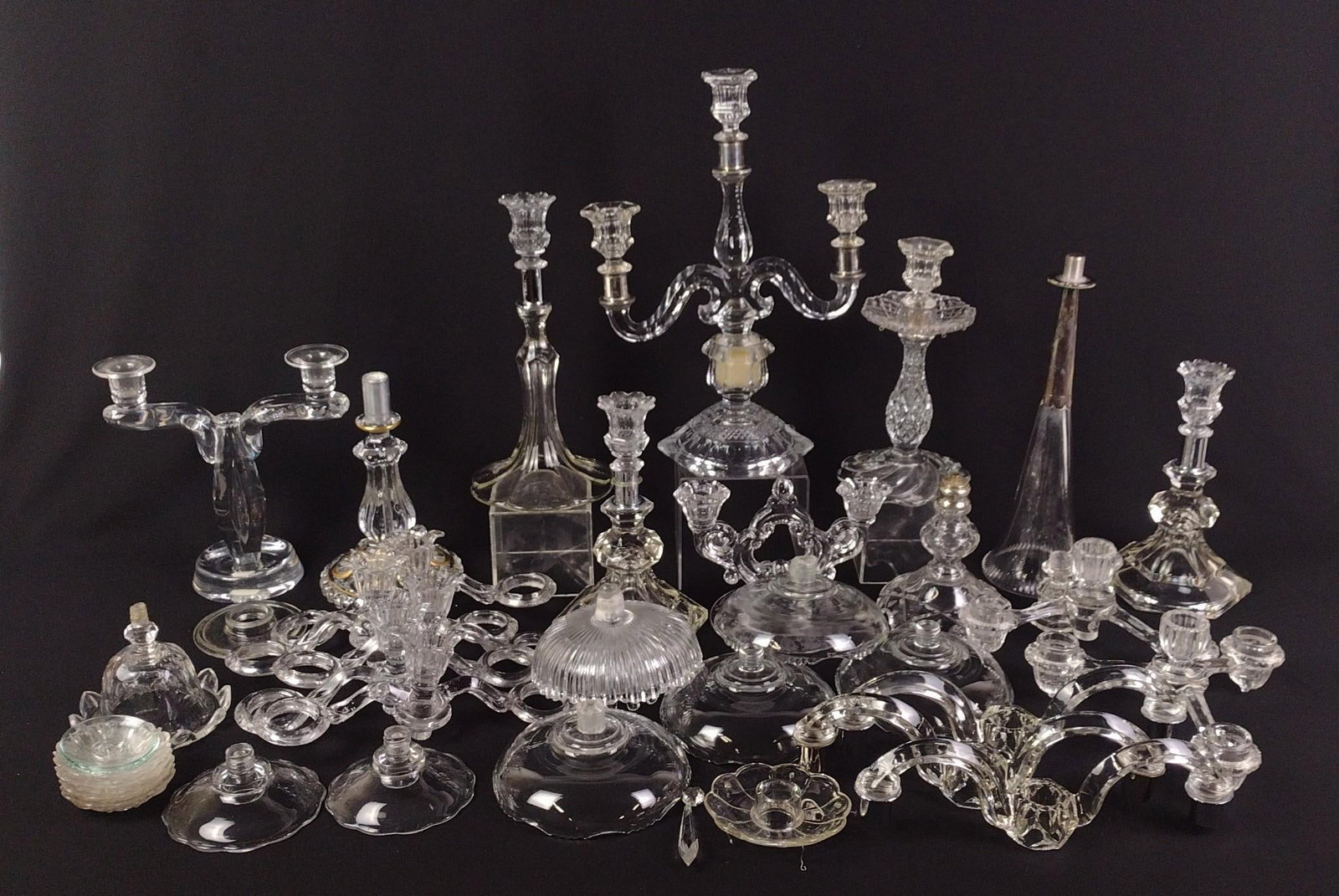 Lot Of Pressed & Etched Glass Candle Holders: NOT ELIGIBLE FOR IN-HOUSE SHIPPING. 3" to 15" high.