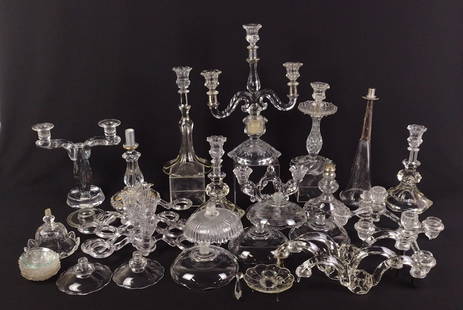 Lot Of Pressed & Etched Glass Candle Holders: NOT ELIGIBLE FOR IN-HOUSE SHIPPING. 3" to 15" high.