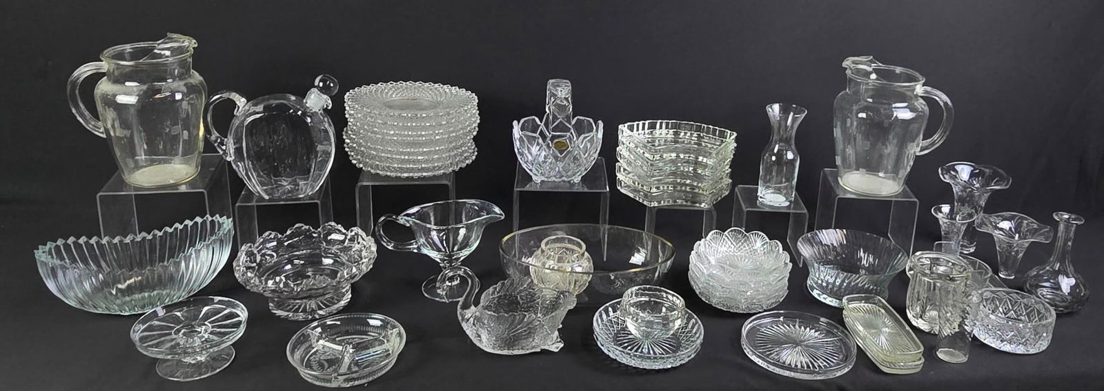 47 Pcs Glassware incl Hawkes: NOT ELIGIBLE FOR IN-HOUSE SHIPPING. 1/2" to 9" high. Some with chips. Sold as is.