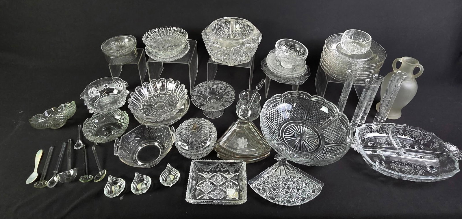 57 Pcs Glassware incl Etched: NOT ELIGIBLE FOR IN-HOUSE SHIPPING. 1/4" to 9" high. Sold as is.