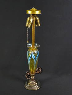 Durand Art Glass Table Lamp: NOT ELIGIBLE FOR IN-HOUSE SHIPPING. Unsigned. Overall: 5" wide x 4-1/2" deep x 22" high. No finial.