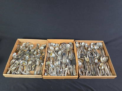 3 Boxes Misc. Flatware incl Silverplate: NOT ELIGIBLE FOR IN-HOUSE SHIPPING. Also includes stainless and brass. Various conditions. Sold as is.