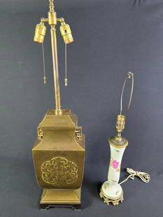 2 Table Lamps incl Brass and Porcelain: NOT ELIGIBLE FOR IN-HOUSE SHIPPING. 26" to 37-1/2" wide. Porcelain without finial.