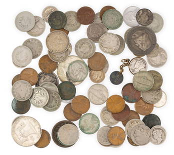 Mixed U.S. Coins Including Silver And Earlier Coins: A few world coins and tokens mixed in with Indian Head cents, seated quarter, Columbian half dollar, Mercury dimes, etc.