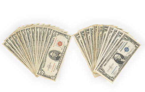 Group Of 11 Silver Certificate One Dollar Bills 1935 And 15 Red Seal $5: Several higher grade examples and others with substantial wear. 1935 Silver Certificate Dollars include series A, C, D, E, F, G. Red seal five dollar bills are from 1963