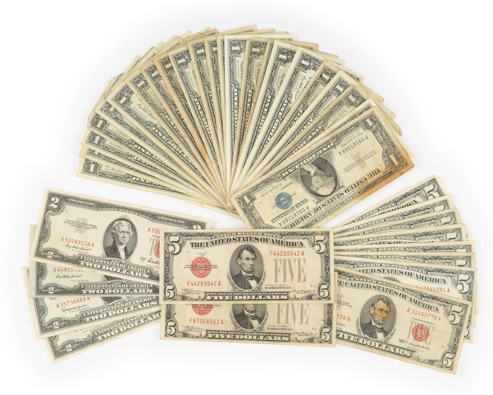 29 Silver Certificate One Dollar Bills And $5 And $2 Red Seal (1 of 6)