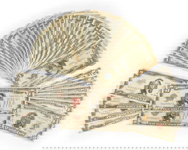 29 Silver Certificate One Dollar Bills And $5 And $2 Red Seal: The condition ranges from higher grade with only a slight fold line to substantially worn. Quantity of (29) Silver Certificate $1 from 1957 and (8) Red Seal five dollar bills 1963. One of the Silver C