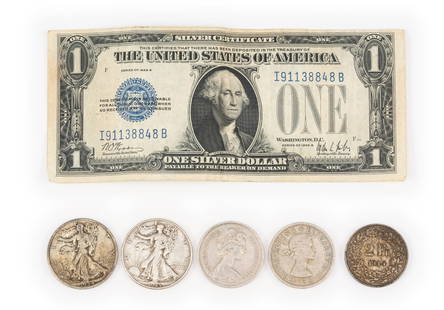 Silver Half Dollars And Silver Certificate: 1928 silver certificate. Two Walking Liberty halves including 1934-S. Silver Swiss 2 francs 1944. Two British coins, non-silver.