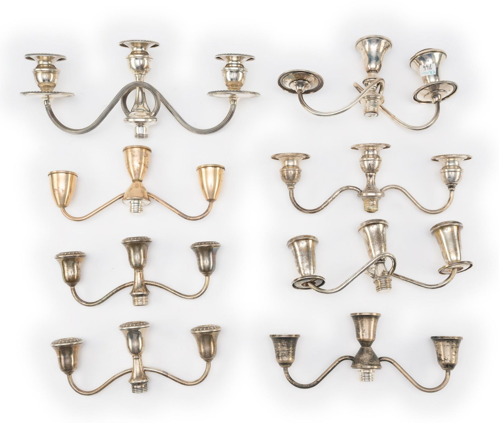 Eight Triple Candelabra Sections Weighted Sterling Silver: Total weight is 77.4 troy ounces which includes non-silver infill.