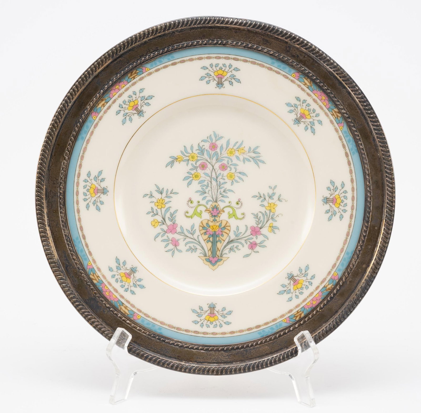 Antique Lenox Blue Tree Platter With Silver Rim: Plate diameter is 10 5/8". Silver is unmarked.