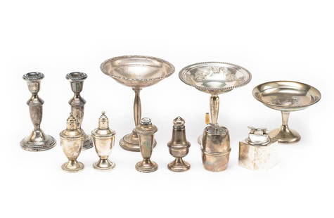 11 Weighted Sterling Silver Table Service Items: The lot includes a lighter, a grinder and four salt/pepper pieces with one of the salt and pepper sets undented and matching (Duchin Creation sterling). Total weight is 68.7 troy ounces which includes