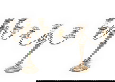 Two Sterling Silver Weighted Candelabras: One 13" height five-light Gorham model 1130 and one Alvin Sterling S258 triple 11 1/2" height. Total weight is 72.3 troy ounces which includes non-silver infill.