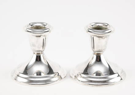Pr Gorham Sterling Silver Weighted Candle Sticks: Marked on bottom. Measures 3-1/4" wide x 3" high.