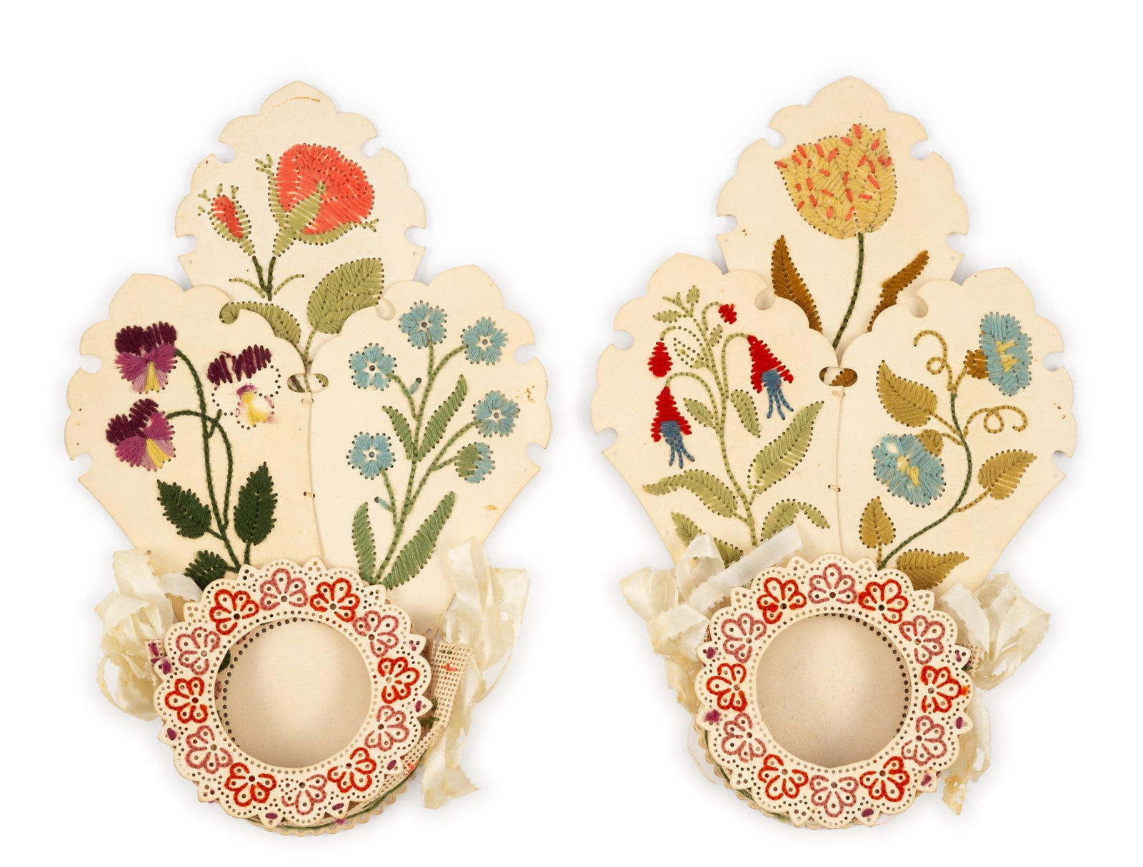 2 Victorian Crewl Embroidered Paper Watch Holders (1 of 4)