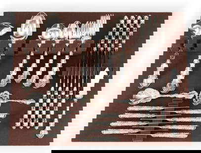 54 Piece Sterling Silver Gorham Flatware: Gorham Strasbourg flatware set without monograms. (8) soup spoons, (8) teaspoons, (8) dinner forks, (8) salad forks, (8) butter knives (sterling handles), (8) dinner knives (sterling handles), (6) ser