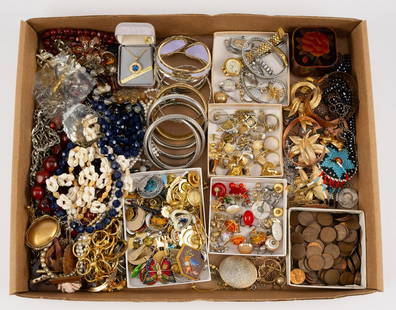 Vintage & Costume Jewelry: Includes necklaces, bracelets, earrings, rings, pins, some signed costume, vintage gold-filled watches including Bulova, Gruen, Elgin. Also includes small box of wheat pennies.