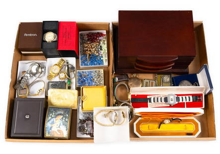Vintage Watches, Jewelry, & Boxes: Vintage watches including wrist and pocket: Bulova gold plated with diamonds and black cord band in original box, Montreau, LCQ by Gruen, Helbros, Waltham Incabloc 17, Armitron, and more. Also include