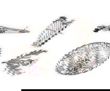 4 Antique Sterling Silver Brooches: Sterling and amethyst Scottish thistle brooch with amethyst. Irish sterling harp brooch with Connemara marble inlay, a few chips and cracks. Sterling and amethyst leaves and grapes brooch. Scottish da