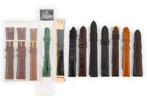 12 High Quality Old Stock Watch Bands Crocodile Jaeger LeCoultre Omega: Jaeger LeCoultre genuine crocodile 17 mm, no buckle, 20 mm Omega with Omega buckle, genuine shark, DeBeer Europa 16 mm ostrich, Hirsch crocodile 18 mm, Cyma lizard 18 mm, Downing, Canada 18 mm crocodi