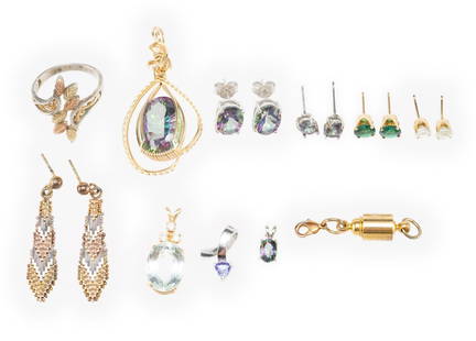 Earrings Pendants And A Ring With 14K Gold: Four pendants and three sets of earrings. One pendant with a large gemstone and three smaller enhancements is 14K gold as are two pairs of earrings (14k yellow gold studs). Backs are apparently non-go