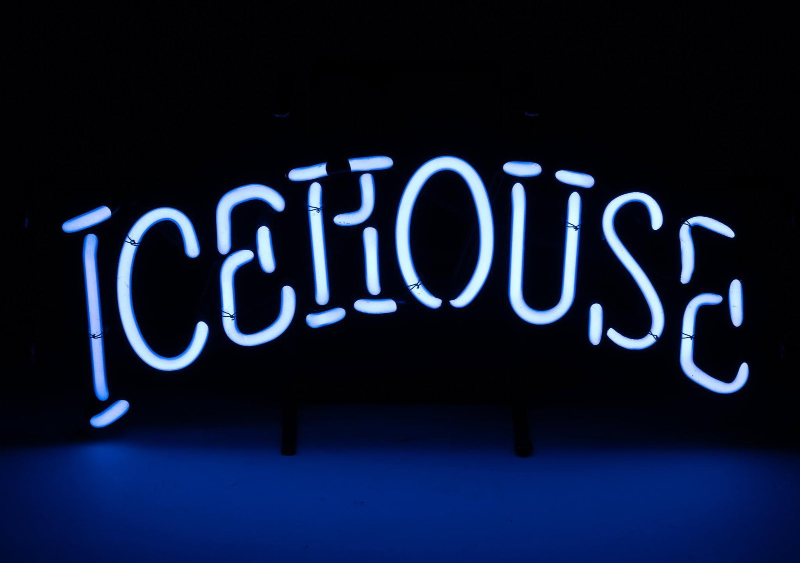 Ice House Neon Sign: NOT ELIGIBLE FOR IN-HOUSE SHIPPING. Working. Overall: 19-1/4" wide x 6-1/4" deep x 9-1/4" high. PROVENANCE: From the Collection of Robert L. Hassenplug—a proud veteran and small business owner was a