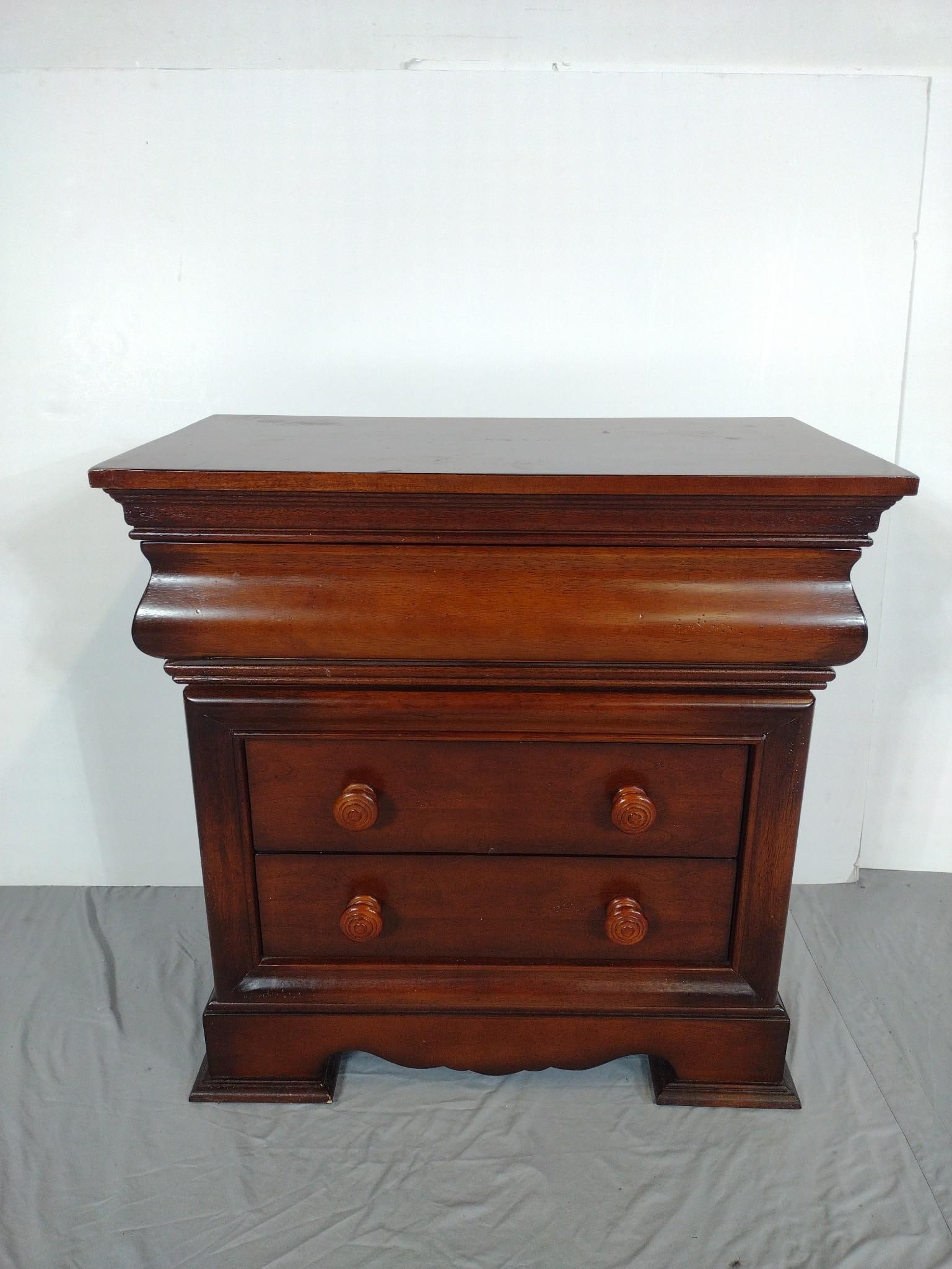 Night Stand: NOT ELIGIBLE FOR IN-HOUSE SHIPPING. 30" wide X 16" deep X 30-1/4" high. Has some light scratches. No manufactures name found.