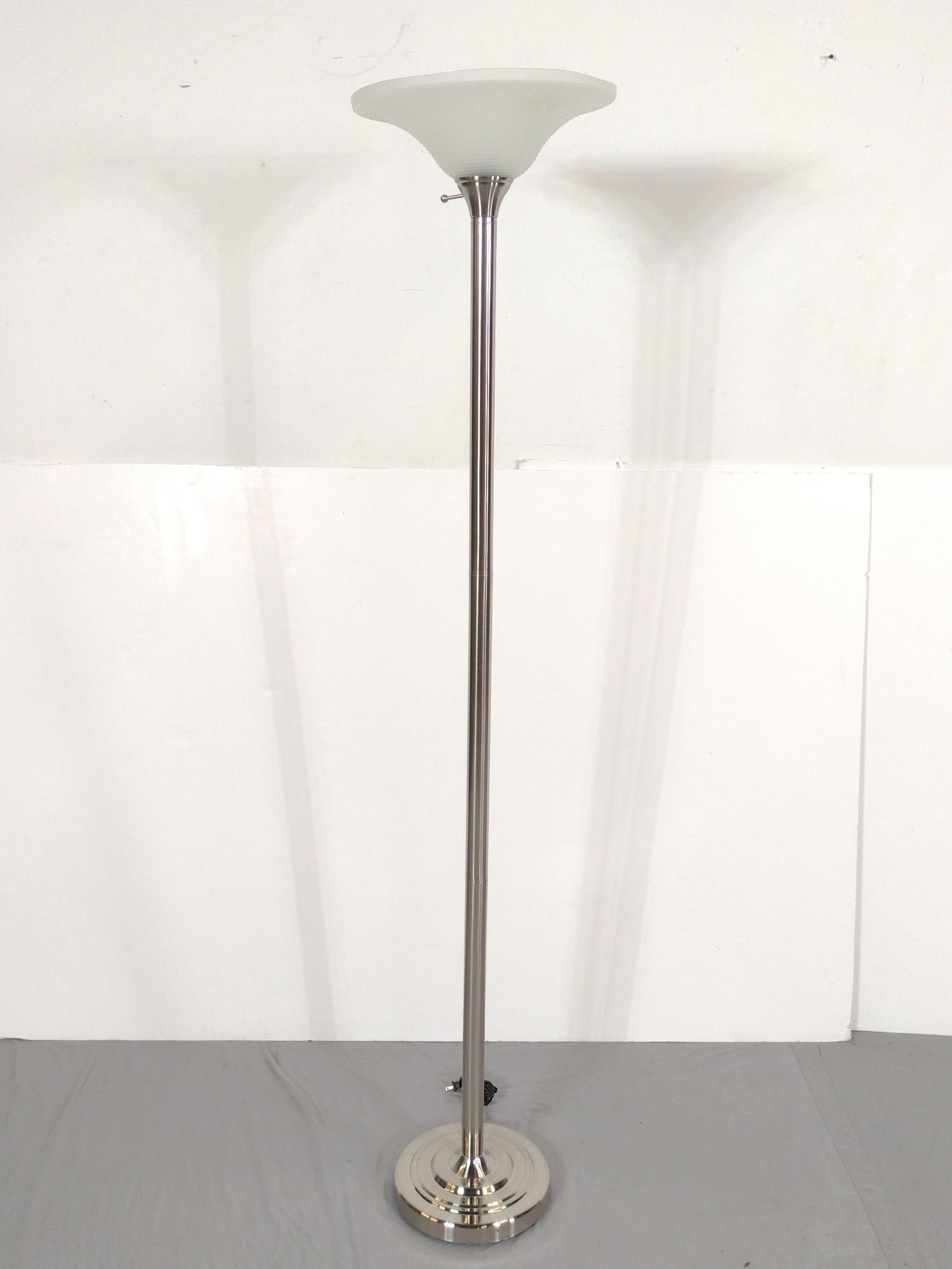 Brushed Metal Floor Lamp: NOT ELIGIBLE FOR IN-HOUSE SHIPPING. 15" diameter X 71-1/2" high. Lamp shade lock nut has damage. Working.