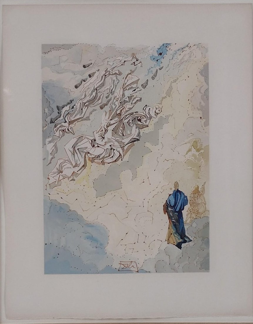 "The Sixth Heaven of Jupiter" Salvador Dali: NOT ELIGIBLE FOR IN-HOUSE SHIPPING. Has a certificate of authentication taped on the back. Wood engraving in color on paper after a watercolor, one of 100 images from "Divine Comedy." Sight: 13-1/2" h