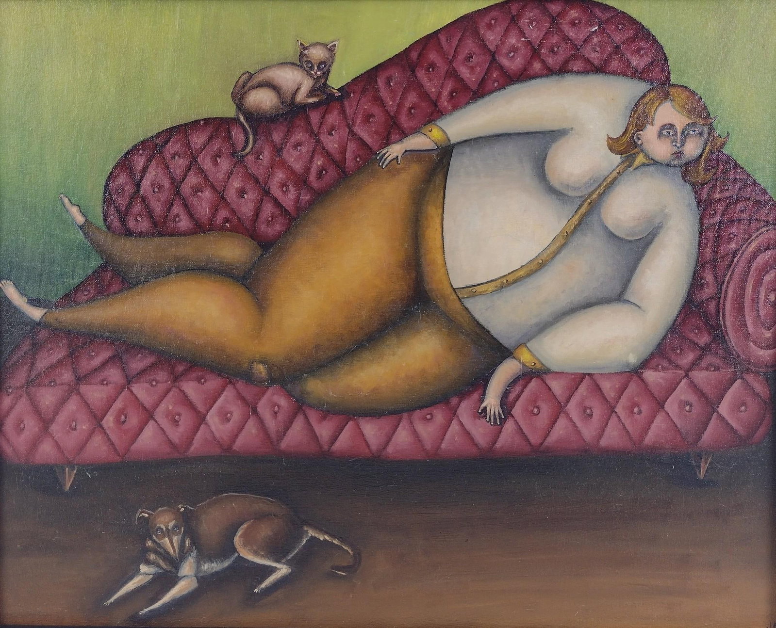 Contemporary Oil Painting s/ JM: NOT ELIGIBLE FOR IN-HOUSE SHIPPING. Depicts a woman on a couch next to a cat and dog, has the signature JM. Sight: 15-1/2" high x 19-1/2" wide. Overall with frame: 18" high x 22" wide.