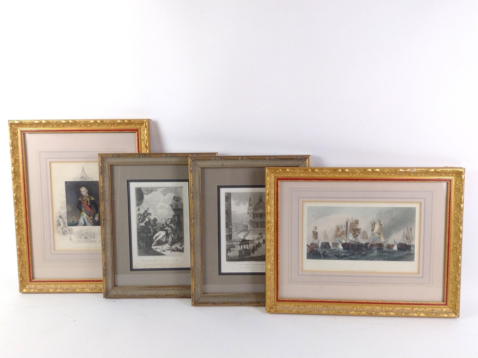 4 Etchings Incl The Battle Of Trafalgar: NOT ELIGIBLE FOR IN-HOUSE SHIPPING. Also includes The Funeral Of Lord Nelson and more. 14-1/4" to 18-1/4" high. 12" to 18" wide.