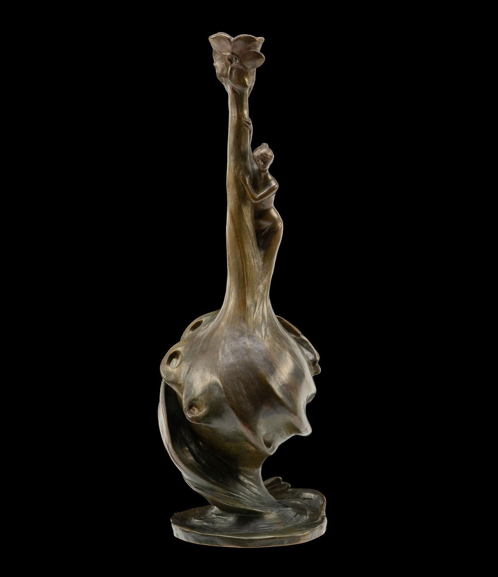 Jules Jouant Bronze Sculptural Vase: NOT ELIGIBLE FOR IN-HOUSE SHIPPING. DESCRIPTION: Art Nouveau bronze by Jules Jouant 1882 - 1921. The bronze is properly signed and has good original patina. MEASUREMENT: 15" high.