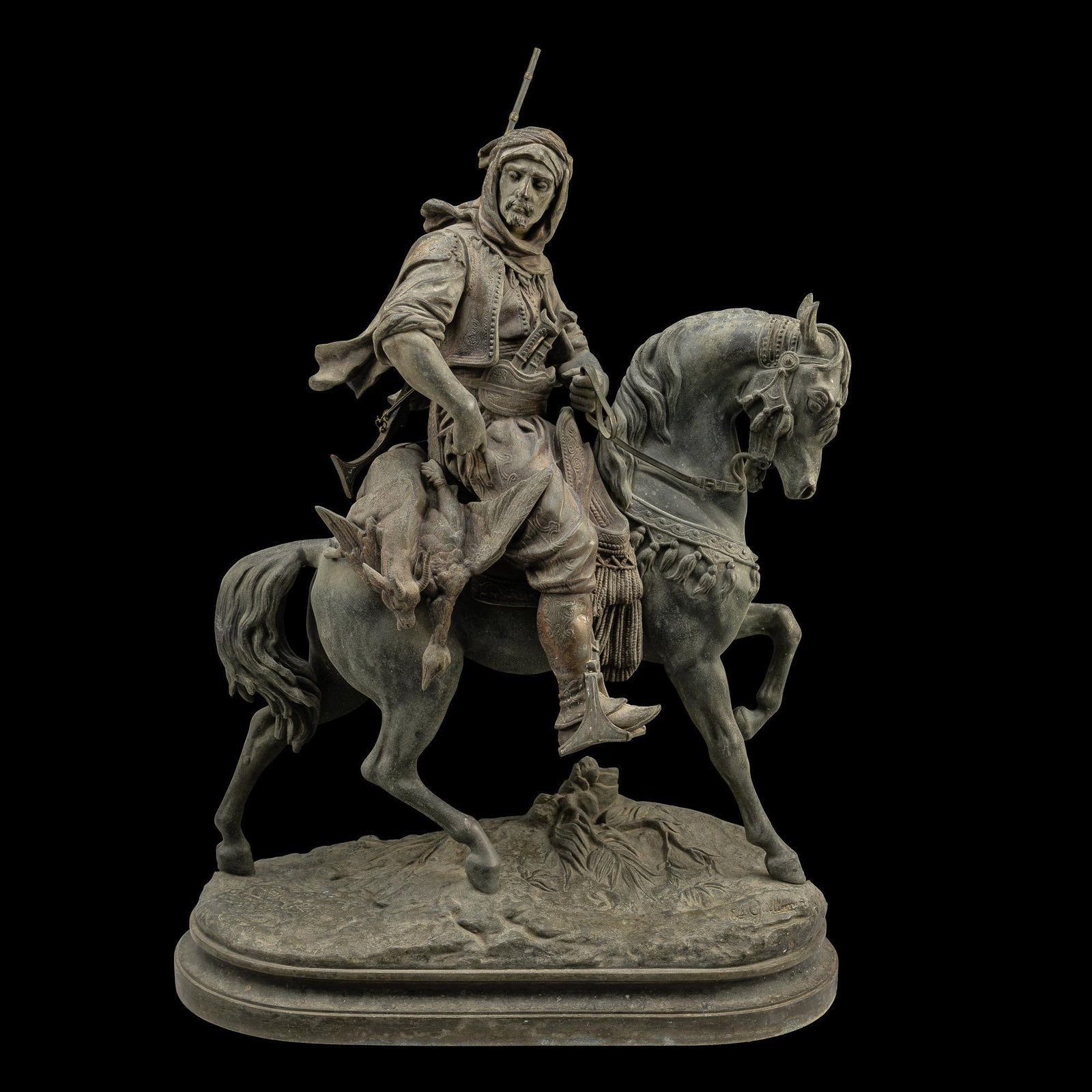 Emile Guillemin Arab Rider Sculpture: NOT ELIGIBLE FOR IN-HOUSE SHIPPING. DESCRIPTION: A spelter metal bronze patinated sculpture after Emile Guilllemin and Alfred Brye. The Base is stamped for both artists and for the French foundry that