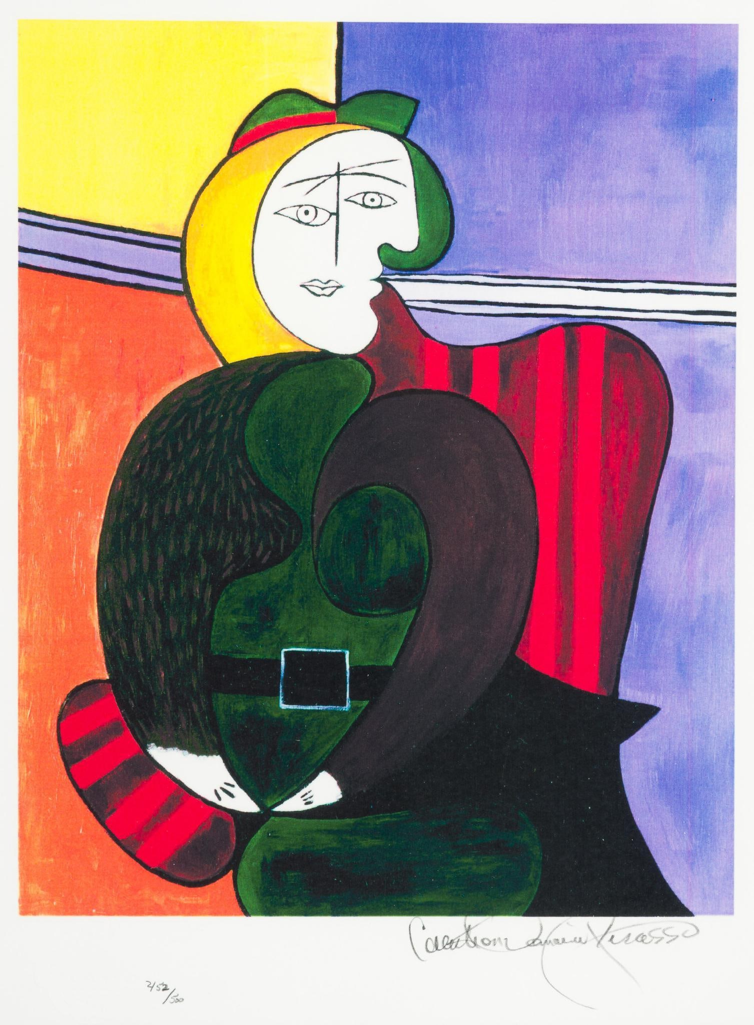 The Red Armchair After Pablo Picasso Lithograph: NOT ELIGIBLE FOR IN-HOUSE SHIPPING. DESCRIPTION: A lithograph authorized by Marina Picasso in an edition of 500, this being 452/500. It is embossed with the Picasso estate seal. Signed "Collection Dom