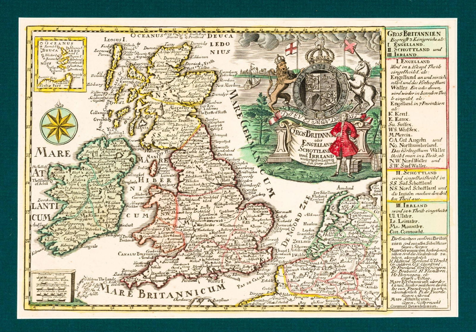 Johann George Schreiber Map Of Great Britain: NOT ELIGIBLE FOR IN-HOUSE SHIPPING. DESCRIPTION: This striking hand-colored map of Great Britain (England, Scotland, and Ireland) includes a title cartouche decorated with a coat of arms, compass rose