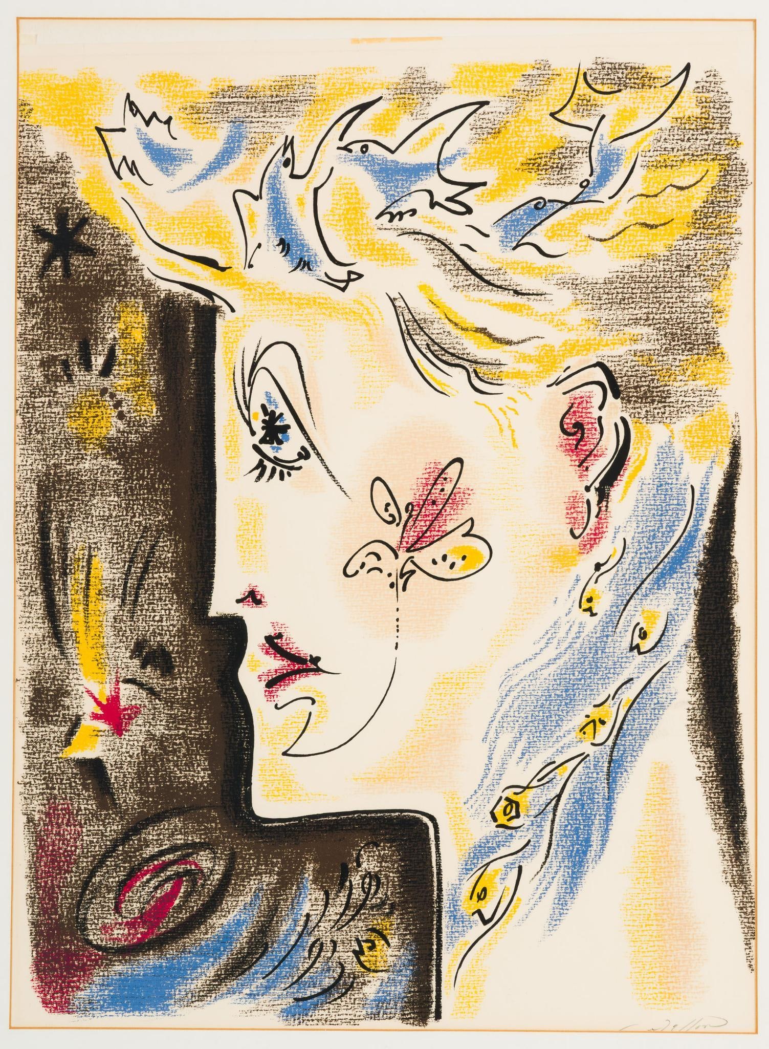 Andre Masson Lithograph 1970: NOT ELIGIBLE FOR IN-HOUSE SHIPPING. DESCRIPTION: "Visage Surrealiste" original signed lithograph. MEASUREMENT: 24 1/2" X 18 1/2" artwork size, 32" X 25 1/4" framed. CONDITION: Small edge tear noted to