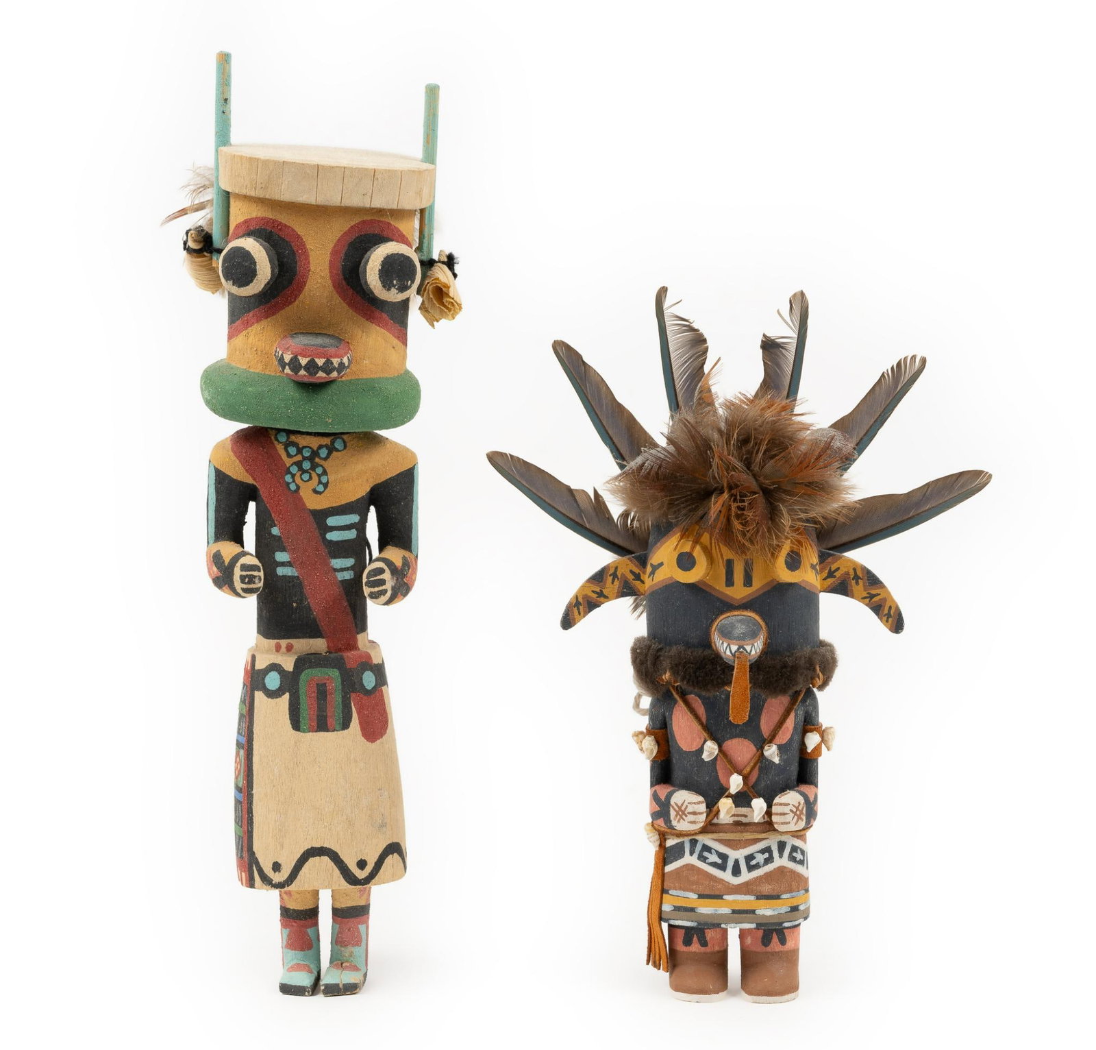 (2) Old Style Hopi Kachinas/Katsina Incl. Tayron Polequaptewa: NOT ELIGIBLE FOR IN-HOUSE SHIPPING. DESCRIPTION: 1) Sitununu Lolokong Snake Kachina by Tayron Polequaptewa; 2). Bee Kachina carved by Larry Melendez (provenance: bought from Bahti Indian Arts in 2008)