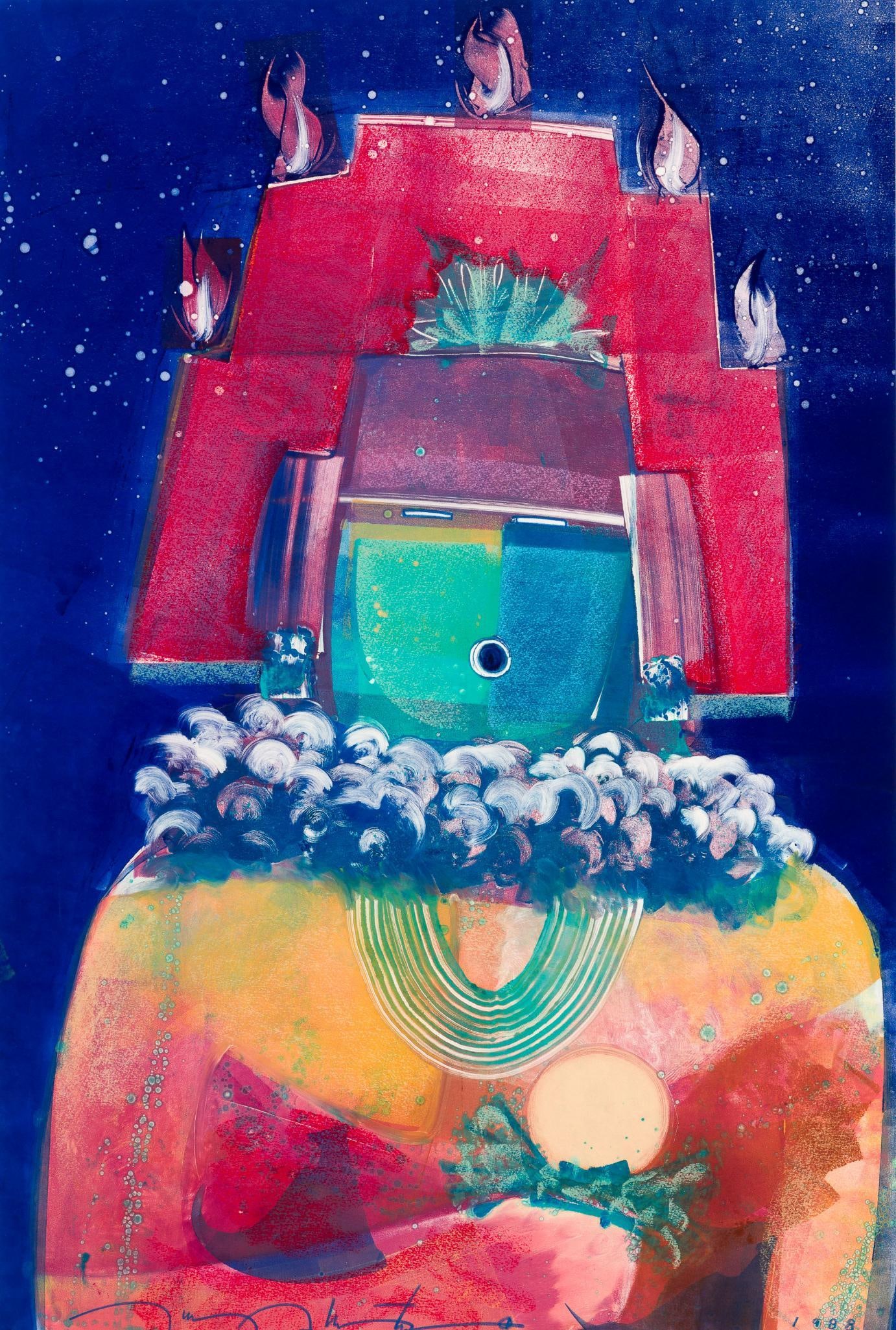 Tommy Montoya Mixed Media Painting: NOT ELIGIBLE FOR IN-HOUSE SHIPPING. DESCRIPTION: Tommy Montoya, Ohkay Owingeh (San Juan) Pueblo 1942 - 2009. Original mixed media pastel on paper. MEASUREMENT: 35" X 23" artwork size, 44 1/2" X 33 1/4