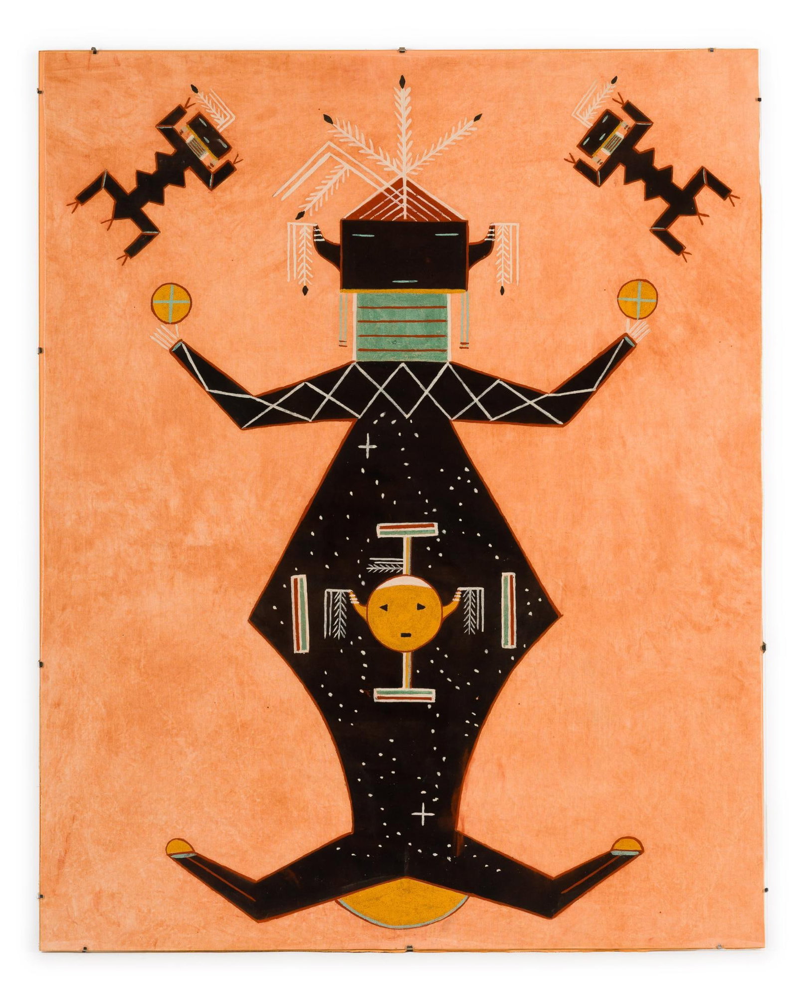 Navajo Sand Painting On Cloth: NOT ELIGIBLE FOR IN-HOUSE SHIPPING. DESCRIPTION: A painting on cloth from the middle 20th Century. It is a combination of paint and paint mixed with sand applied to a dyed cotton cloth. MEASUREMENT:32