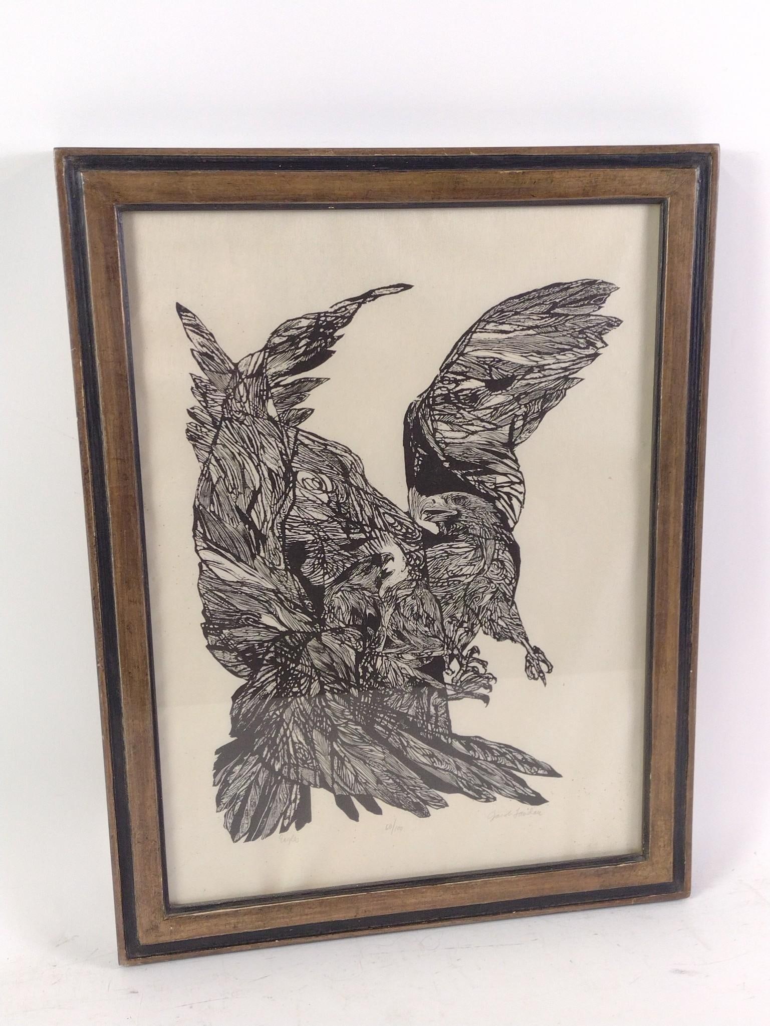 Jacob Landau 'Eagles' Woodcut: NOT ELIGIBLE FOR IN-HOUSE SHIPPING. Marked 60/100. Overall 22" high x 17" wide, sight 19" high x 14" wide.