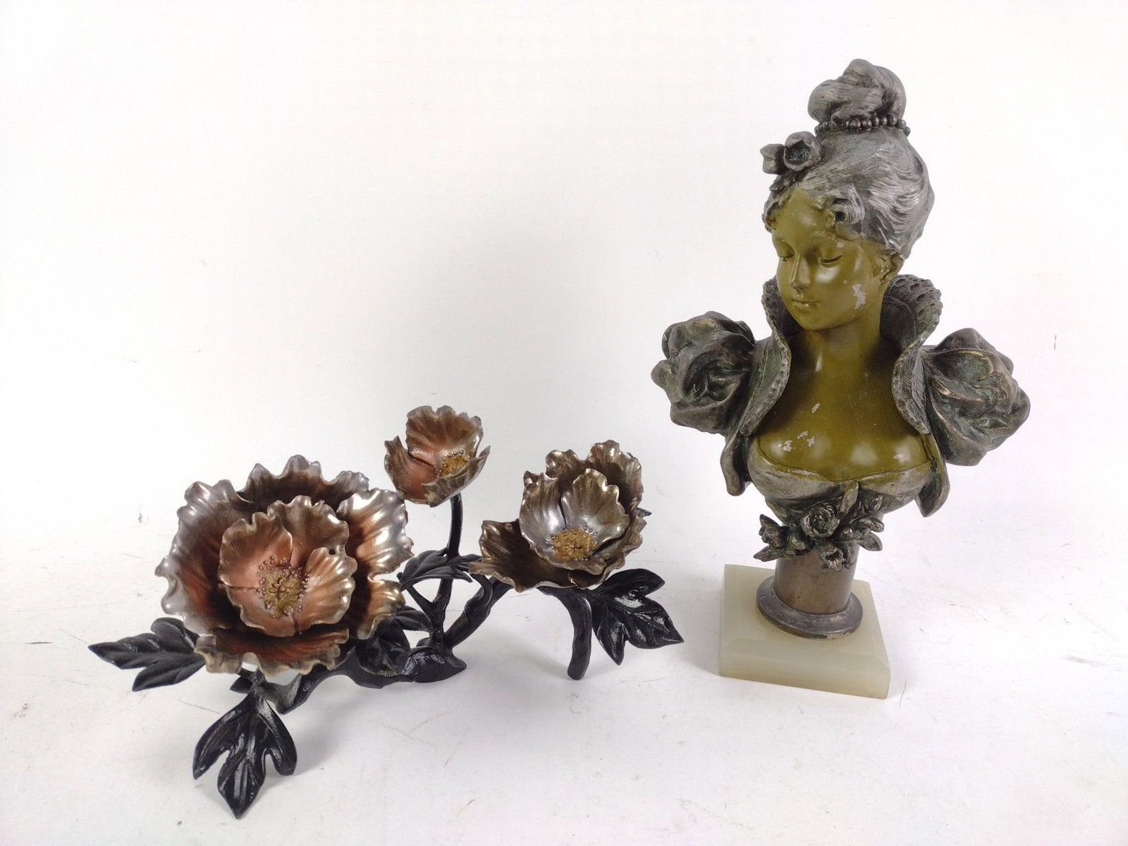 2 Decorative Pcs: Includes female bust and floral piece. 7-1/2" to 10" wide x 5-1/2" to 11" high. Losses to bust.
